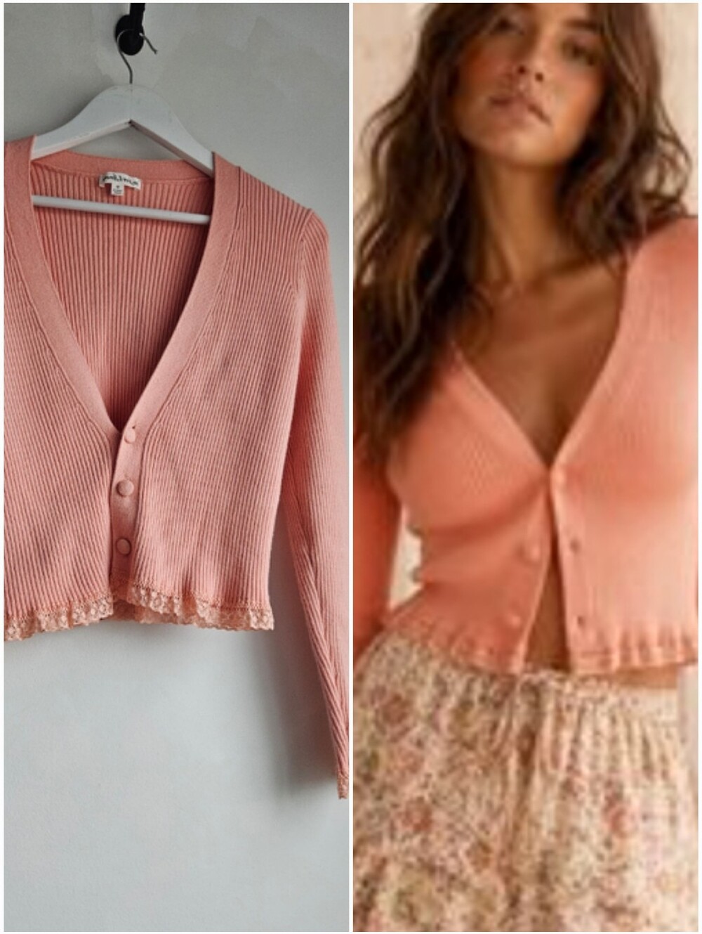 For Love & Lemons Nina Scalloped Lace Trim Cropped Ribbed Knit Cardigan